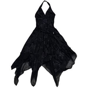 Vintage 90s Small Black Shimmer Assymetric Halter Midi Dress Belted Fairy Grunge